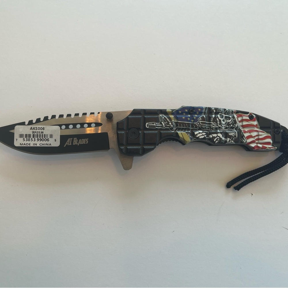 Tactical Folding Knife with Flag and Skull Handle 3.5” blade